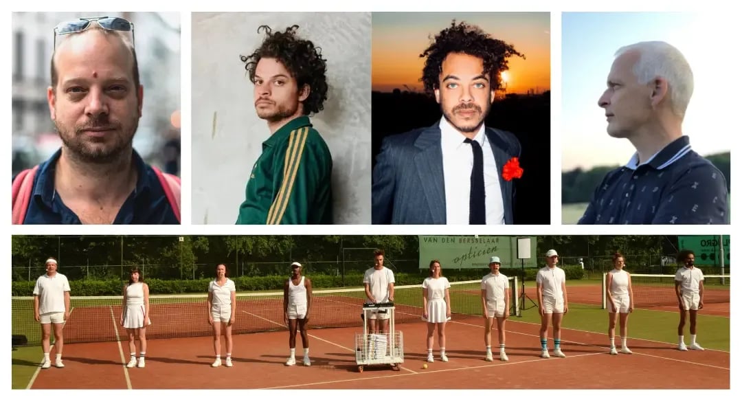 V.l.n.r.: Koen Boesman (foto: Erik Van Grieken), Mathieu Wijdeven (foto: Nick Helderman), Raoul de Jong (foto: Hilde Harshage), Peer Wittenbols. Onder: scènefoto 'TAL'/collectief BOG (foto: Jan Rymenants).