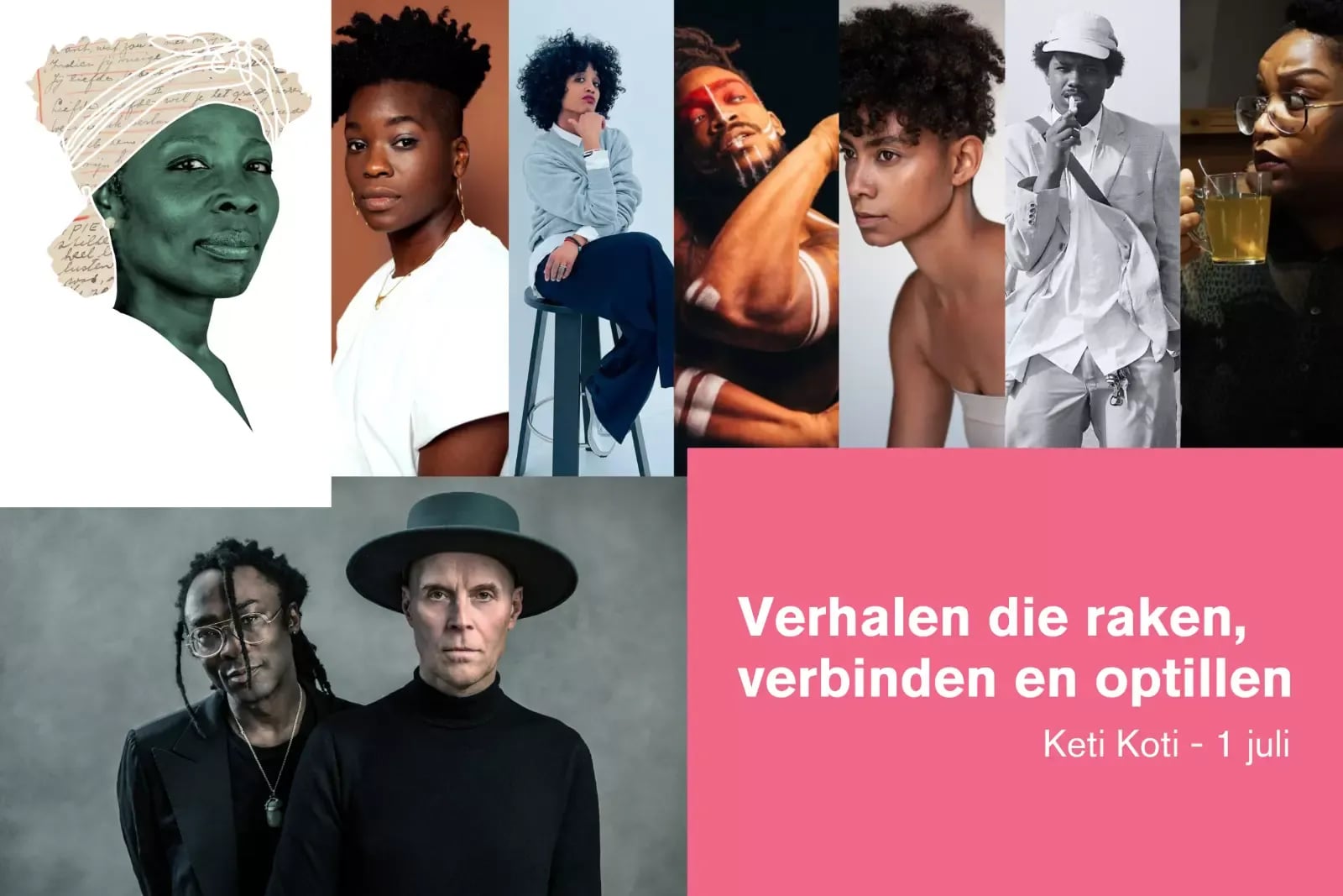 Linksboven: Anton de Kom, mijn Vader, beeld: Raymi Sambo Maakt. Rechtsboven: Bellevue Invites, van links naar rechts - Jennifer Muntslag, Smita James, Michael Wanga, SHISHANI foto: Chris Philippo, Lemuël de Graav, Simone Zeefuik. Linksonder: Wild Card, foto: Krijn van Noordwijk