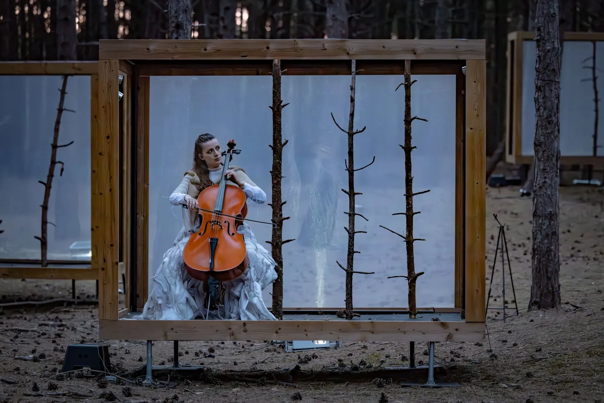 Cellist speelt op een oranje cello in een houten buiteninstallatie tussen de bomen tijdens een kunst- en muziekperformance in het bos.
